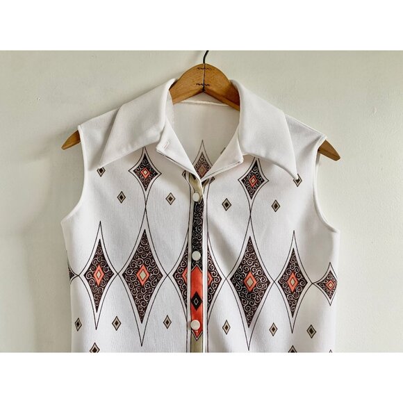 Vintage 70s Sleeveless Mod Top | Abstract Diamond Print | Size S - Picture 2 of 5